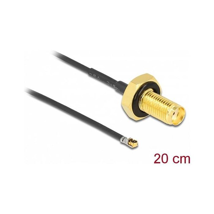DeLOCK Antenna Cable SMA Buchse a MHF 4L LK Stecker, 20cm/0.2m, 1.37, Gewindelänge 10mm, spritzwassergeschützt, Negro 1