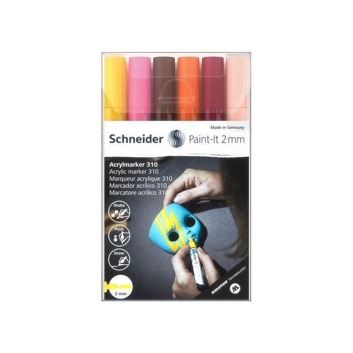 Marcador Acrylic Schneider Paint-It 310 Conico (2 Mm) Estuche De 6 (Amarillo, Fucsia, Marrón, Naranja, Borgoña, Albaricoque)