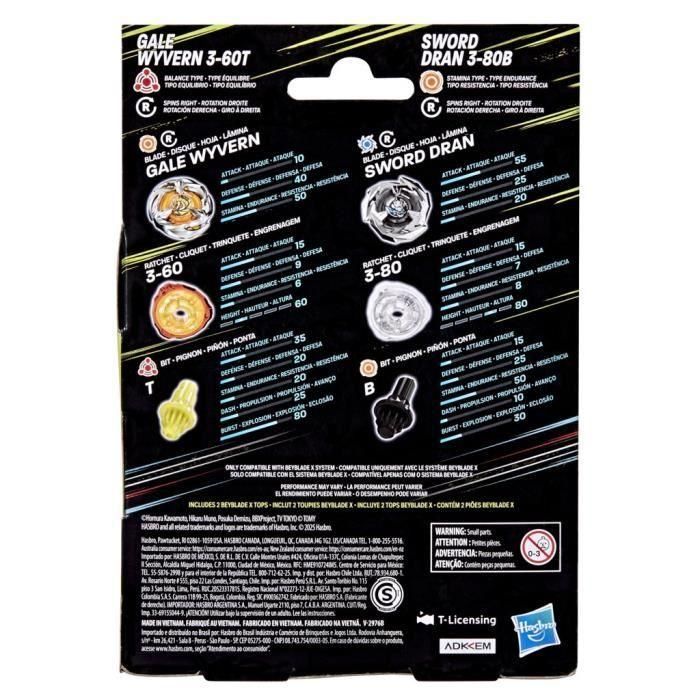 Beyblade X Dual Pack Gale Wyvern 3-60T y Sword Dran 3-80B, 2 peonzas de competición Takara Tomy con giro a la derecha auténticas, diseño 5 Beyblade X Dual Pack Gale Wyvern 3-60T y Sword Dran 3-80B, 2 peonzas de competición Takara Tomy con giro a la derecha auténticas, diseño 5