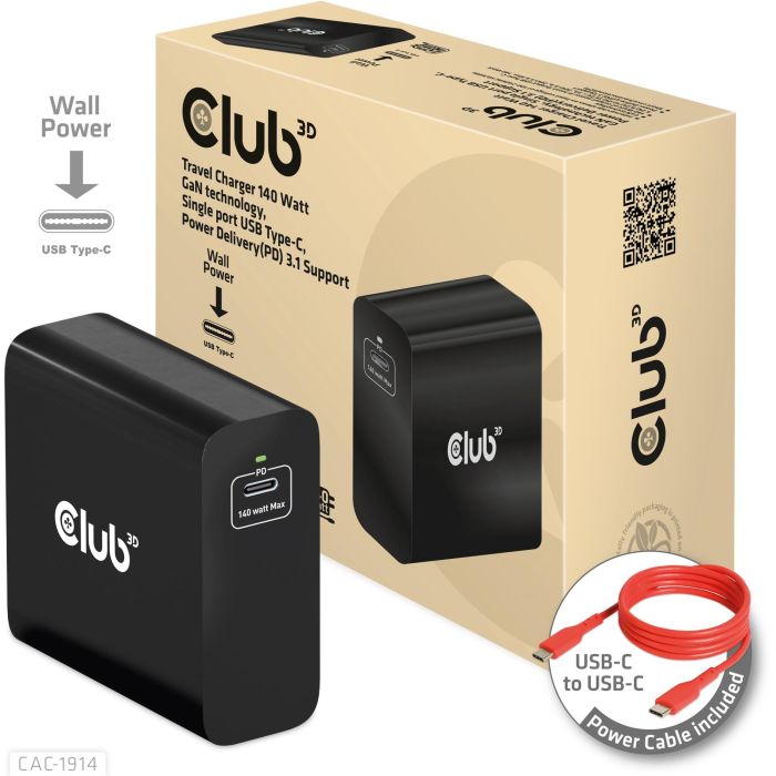 Club3D Cargador de Viaje 1xUSB Tipo C PD 140W con Tecnología GaN para Interiores, 28V, Cable 1m Negro