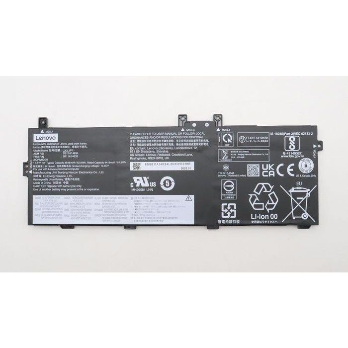 Lenovo Internal Lithium-Ion battery with 52.8Wh capacity, 11.61V, 3 cells, designed for Lenovo ThinkPad X13 Yoga Gen 3. Lenovo Internal Lithium-Ion battery with 52.8Wh capacity, 11.61V, 3 cells, designed for Lenovo ThinkPad X13 Yoga Gen 3.