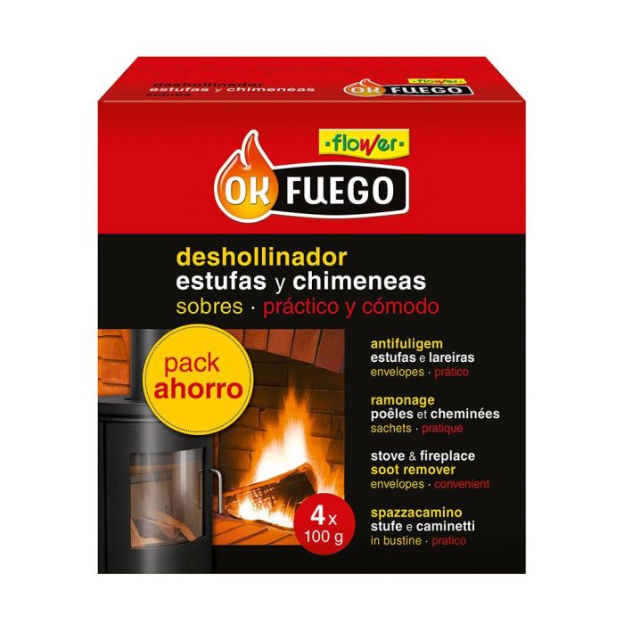 Flower Deshollinador para Estufas y Chimeneas, Previene Hollín y Resinas, en Sobres (4 x 100g)
