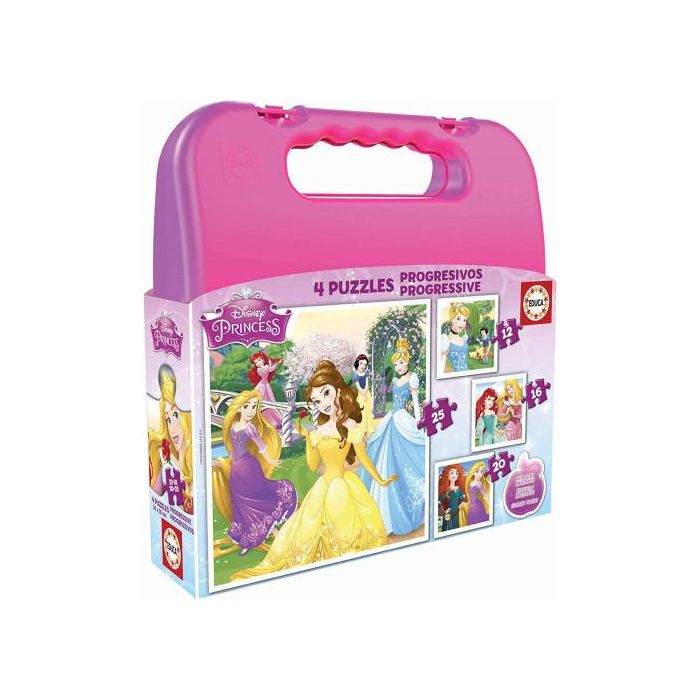 EDUCA 16508 Maleta Puzzles Progresivos Princesas Disney 4 Puzzles 12, 16, 20 y 25 Piezas Cartón Tamaño Puzzles 16x16 cm