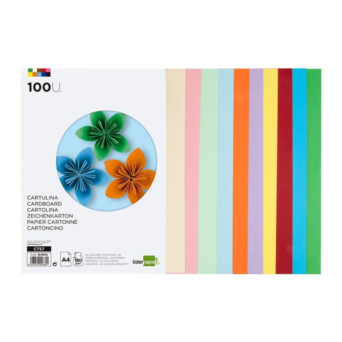 Cartulina Liderpapel A4 180 gr-M2 25 Colores Surtidos Paquete De 100 Hojas 2