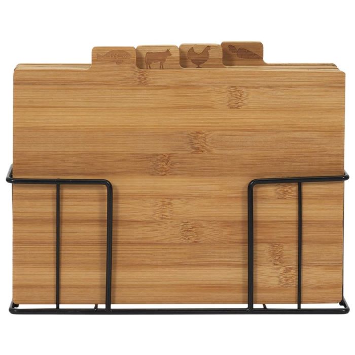 Cook Concept Juego de 4 Tablas de Cortar de Bambú con Pictogramas de Carne, Pescado, Ave y Verdura y Soporte Metálico