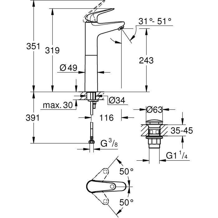 Mezclador monomando de lavabo de sobremesa - GROHE Swift - 24331001 - Cromo - Alto tamaño XL - Ahorro de agua - Desagüe click-clack 2