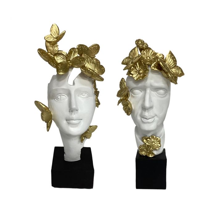 DKD Home Decor Figura Decorativa de Resina Glamour con Cara Blanco y Dorado, Set de 2 Unidades de 11x32x14 cm, Diseños Surtidos