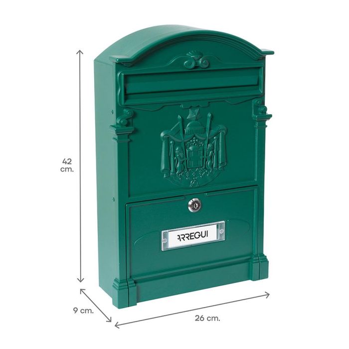Arregui Buzón Exterior Mediano Residencia A4, Aluminio/Acero Galvanizado, Boca con Muelle, Verde 26x9x42 cm 1