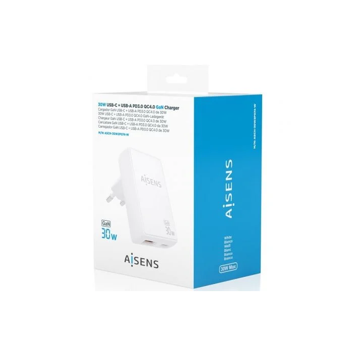 Aisens ASCH-30W2P074-W Cargador de Pared GaN 30W, 1xUSB-C, 1xUSB-USB, Blanco 3 Aisens ASCH-30W2P074-W Cargador de Pared GaN 30W, 1xUSB-C, 1xUSB-USB, Blanco 3
