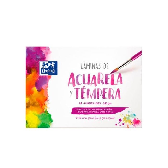 Oxford Láminas Para Pintura Acuarela Y Témpera 6H 300 gr A4 Liso Blanco