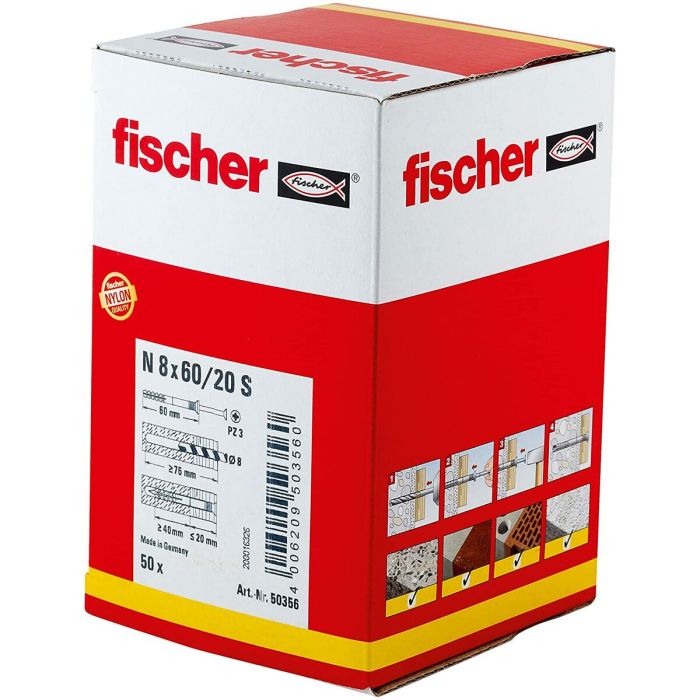 Tacos y tornillos Fischer N-S 50356 M8 x 60 mm Avellanado (50 Unidades) 1