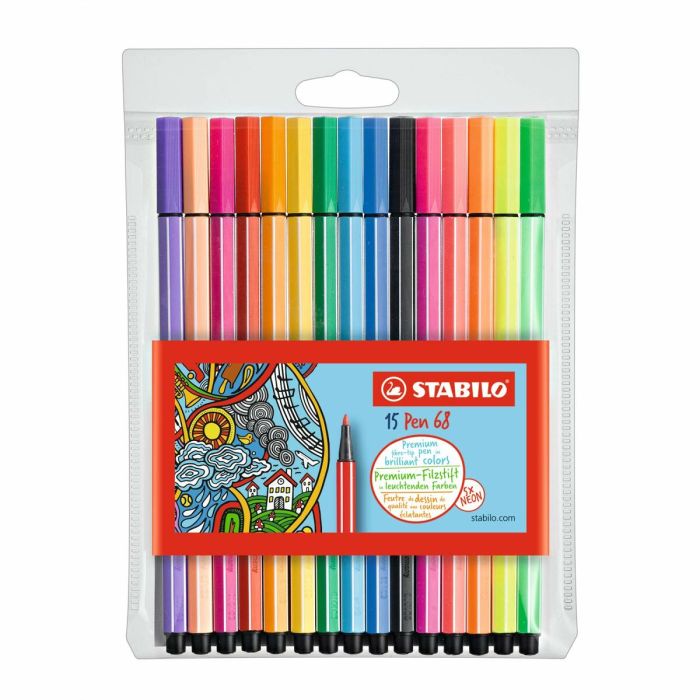 Stabilo Rotuladores Pen 68 Colores Surtidos 10 Estándar + 5 Neón Estuche 15 Ud