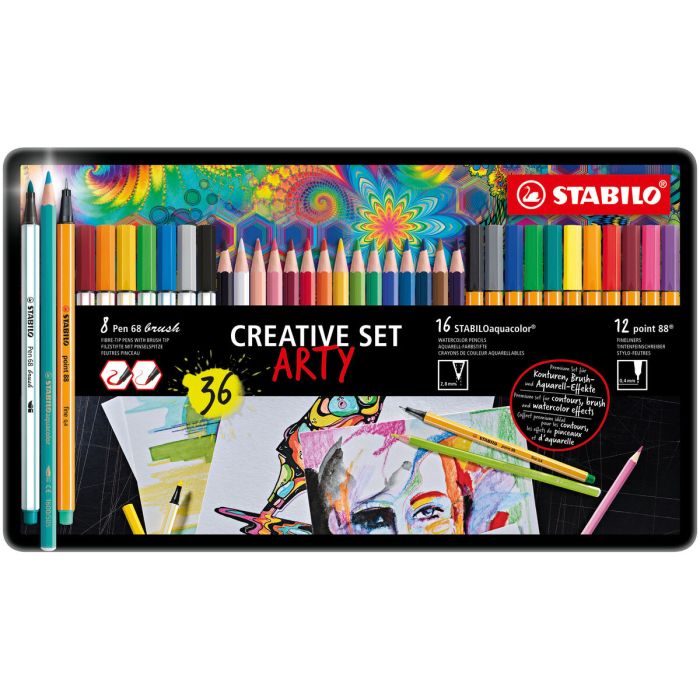 Stabilo Rotuladores Creative Set Arty C-Surtidos 12 Point 88 + 8 Pen 68 Brush + 16 Aquacolor Caja De Metal 36 Ud