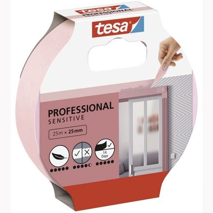 Cinta Adhesiva TESA Professional Sensitive Pintor Rosa 12 Unidades (25 mm x 50 m) 1
