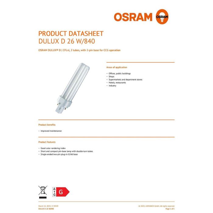 Bombilla de bajo consumo Osram 26 W G24D-3 4000 K 2