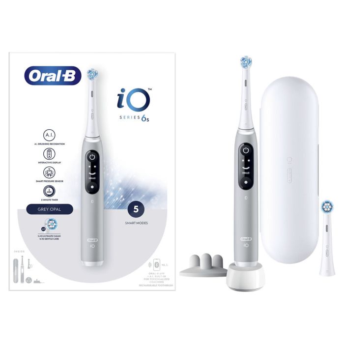 Oral-B iO 6S Cepillo de dientes eléctrico gris con conexión Bluetooth, 2 cabezales, 1 estuche de viaje