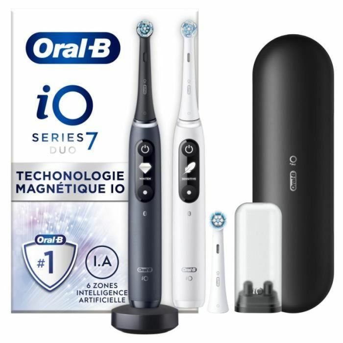 Oral-B iO 7 Oral-B iO 7 Pack de 2, cepillos de dientes eléctricos en blanco y negro, 3 cabezales, 1 estuche de viaje