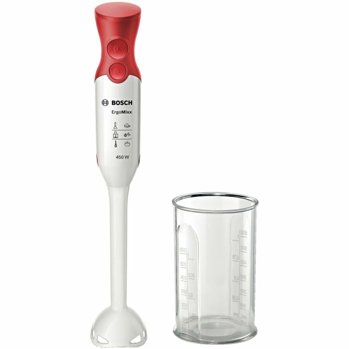 Bosch MSM64010 Batidora de Inmersión ErgoMixx 450W, Rojo/Blanco con Vaso Medidor y Cuchillas de Acero Inoxidable