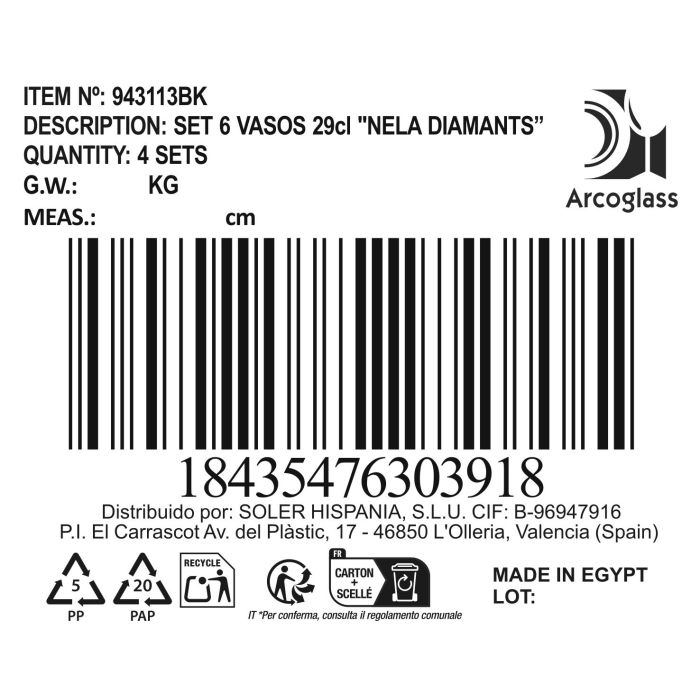La Mediterranea Set 6 Vasos Colección Nela Diamants 290 cc 1