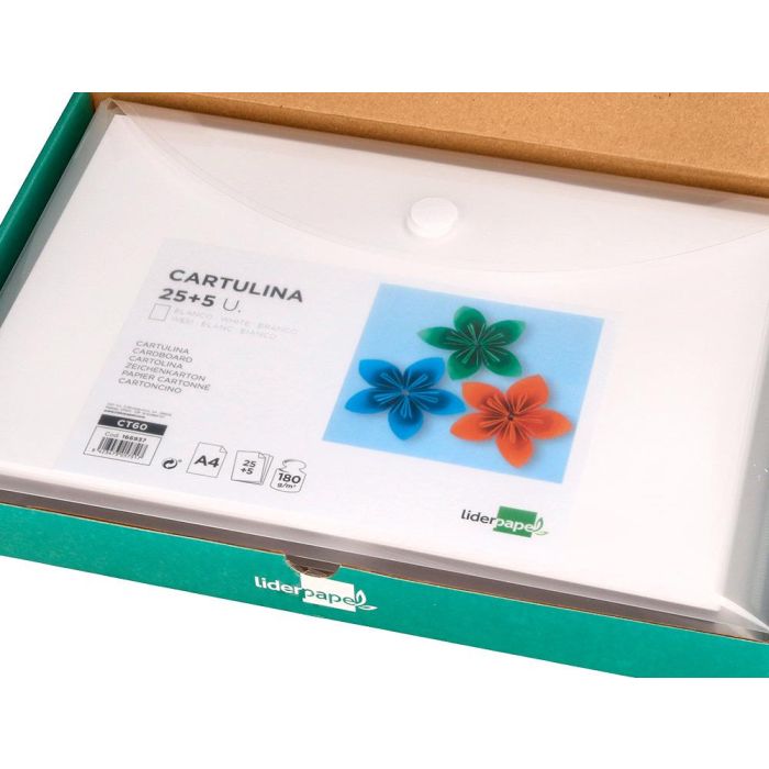 Cartulina Liderpapel A4 180 gr-M2 Blanco Paquete De 25+5 Hojas En Carpeta Dossier Transparente Con Cierre Velcro 2