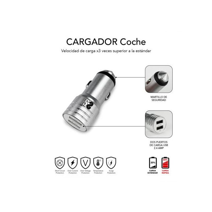 SUBBLIM Cargador coche Dual Alum 2.4A + Cable 3 in1 Silver 2 SUBBLIM Cargador coche Dual Alum 2.4A + Cable 3 in1 Silver 2