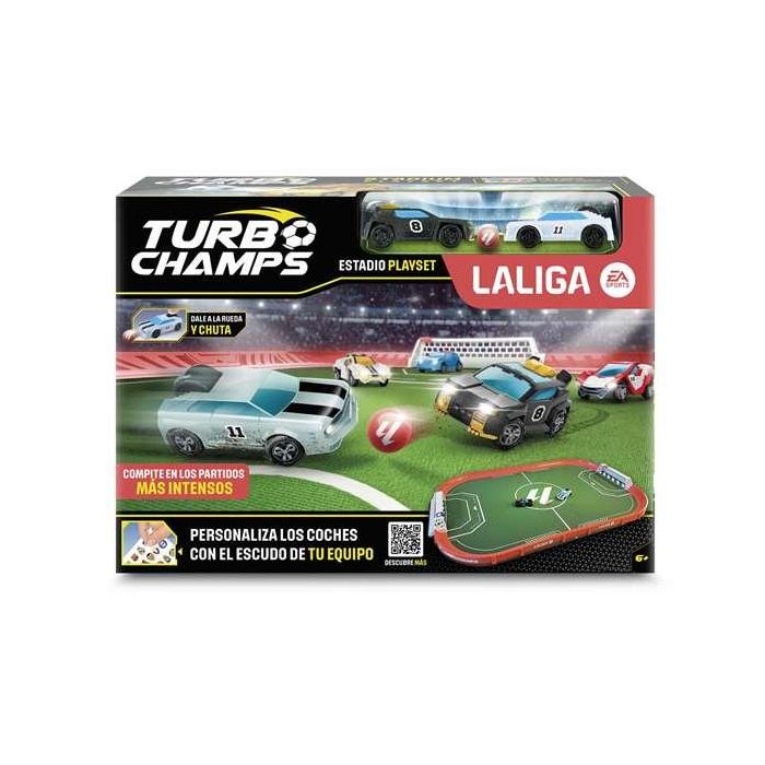 Estadio Turbo Champs La liga con 2 porterías con marcador de puntos, barreras y pegatinas ¡dale a la rueda y chuta! incluye 2 coches especiales 4