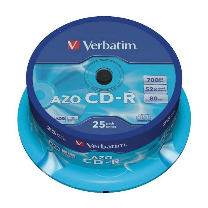 Verbatim cd-r azo, 700mb, 52x, 25 pack spindle, superficie crystal