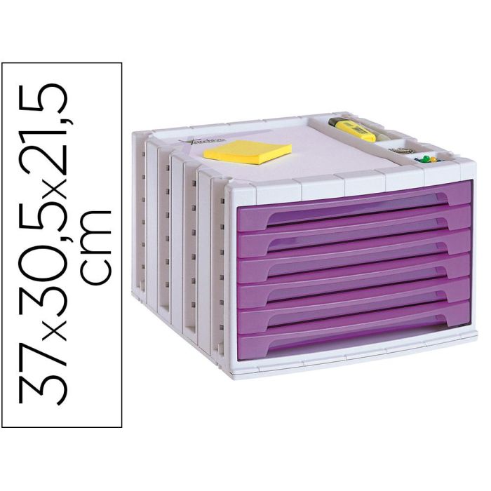 Fichero Cajones De Sobremesa Archivo 2000 305x370x215 mm Bandeja Organizadora Superior 6 Cajones Violeta Translucido