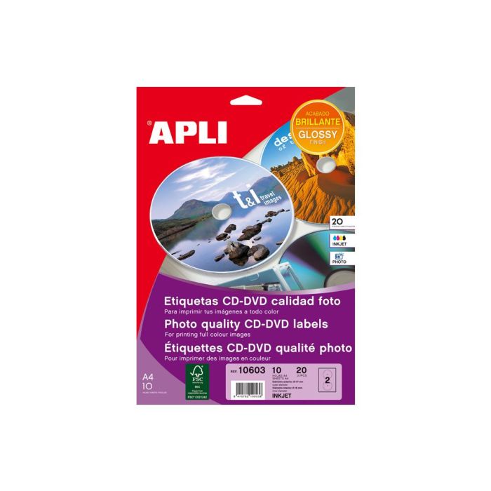 Etiqueta Adhesiva Apli 10603 Tamaño Cd-Rom 117 mm Para Fotocopiadora Laser Ink-Jet Caja Con 10 Hojas-20 Etiquetas 1