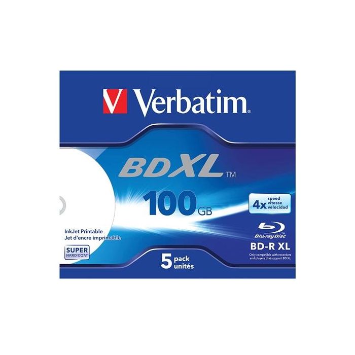 Verbatim bd-r XL blu-ray 100gb 4x speed datalife white inkjet printable - 5 en caja jewel