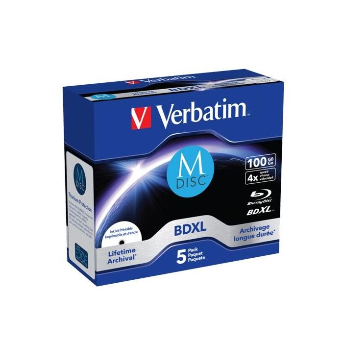 Verbatim bdXL mdisc blu-ray 100gb 4x speed datalife white blue surface- 5 pack