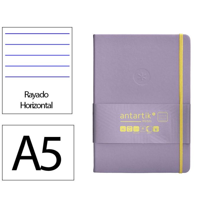 Cuaderno Con Gomilla Antartik Notes Tapa Dura A5 Hojas Rayas Morado Y Amarillo 100 Hojas 80 gr Fsc