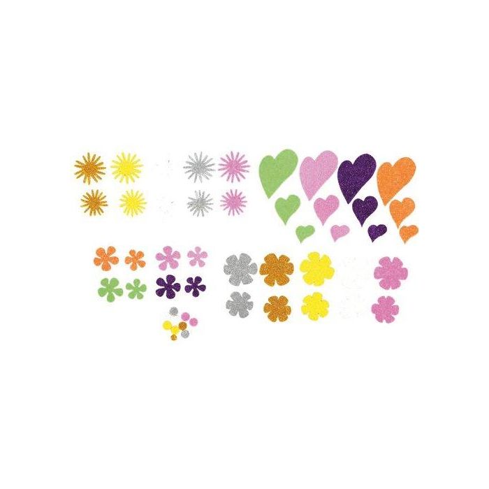 Goma Eva Fixo Kids Adhesiva Con Purpurina Flores Y Corazones Pack 64 Figuras