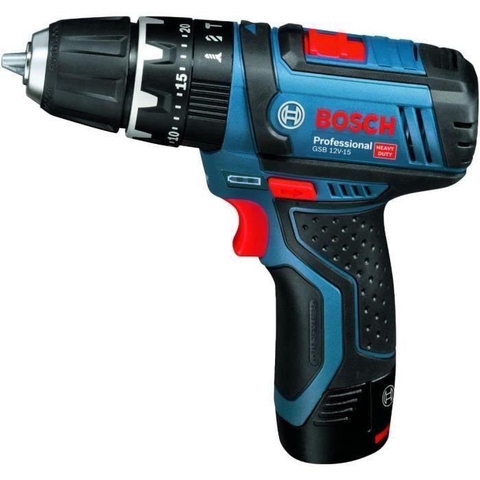 Taladro atornillador de impacto BOSCH PROFESSIONAL GSB 12V-15 + 2 baterías 2,0Ah + GAL 12V-20 + bolsa 1