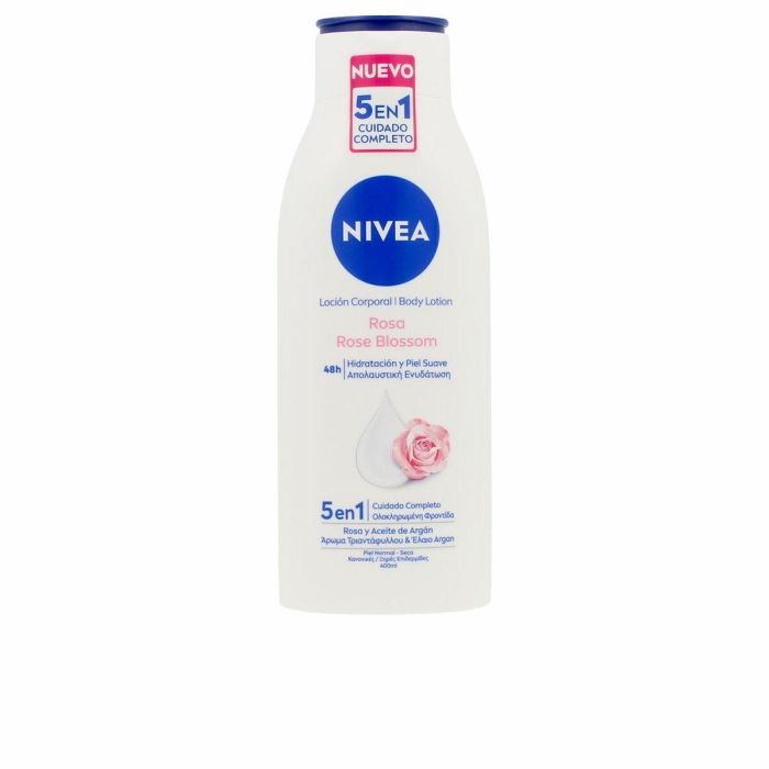 Nivea Rose Blossom Loción Corporal 5 en 1: Hidratante Profunda 48h con Aceite de Argán para Piel Seca, fragancia a Rosas 400 ml