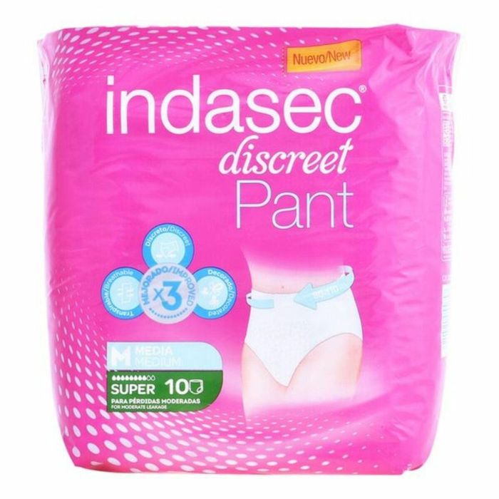 Indasec DISCREET PANT SUPER Pañal Compresa Incontinencia Discreta Pérdidas Moderadas Talla Mediana 10 unidades