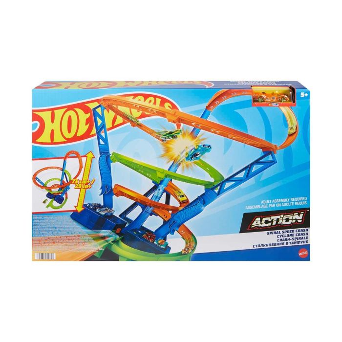 HOT WHEELS Cyclone Crash Track Set HJT51, Circuito motorizado grande (70 cm de alto) con 3 zonas de apilamiento, 1 vehículo 1