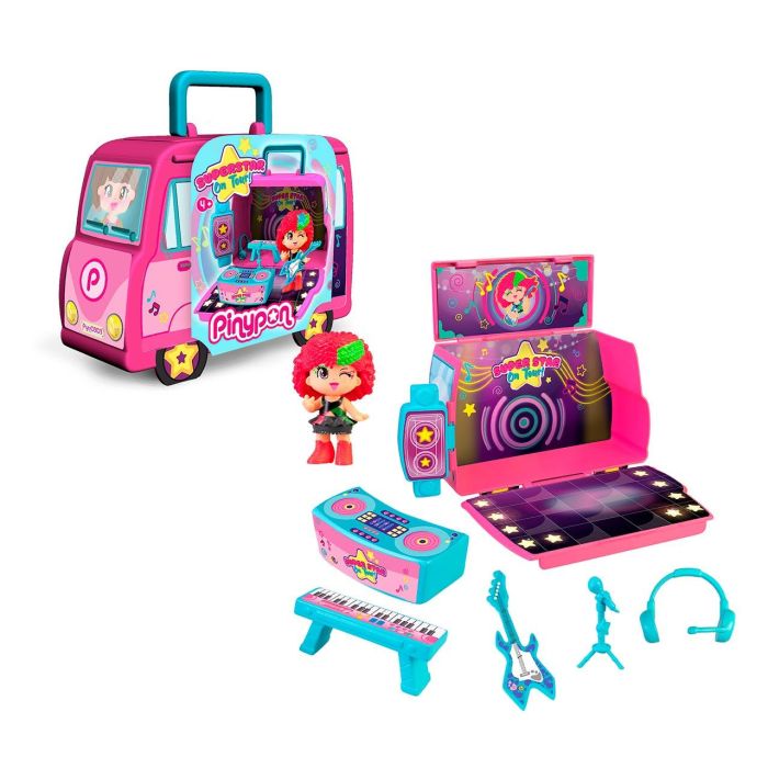 Pinypon Autobús Super Star on Tour ¡Se Convierte en Escenario! Vehículo Plegable con Maletín de Transporte, Incluye Figura de Cantante