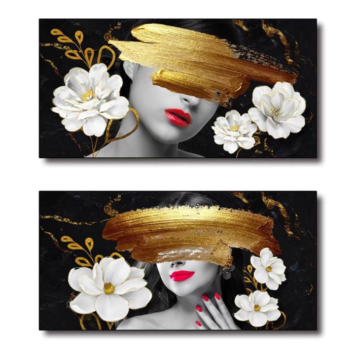 DKD Home Decor Cuadro Lienzo MDF Dorado Negro Blanco Rojo Chica Abstracto 2 x 40 x 80 cm (2 Unidades)