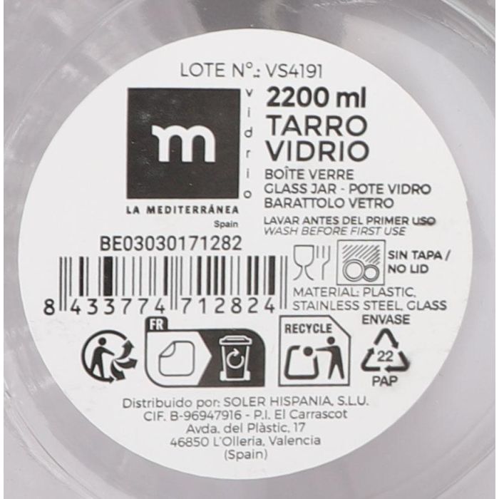 Anna Tarro de Vidrio con Tapa de Acero 2.20 Lt. - Medidas 11x11x27 cm (12 Unidades)