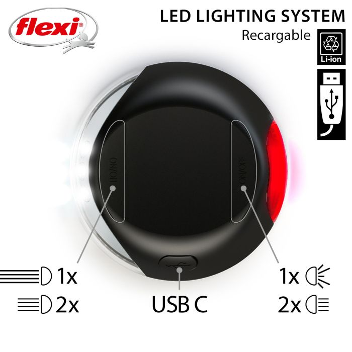 Flexi Sistema de Luz LED Negro para Correas Retráctiles New Comfort Classic Design S-L, Luz Delantera y Trasera, Pilas Incluidas 0 Flexi Sistema de Luz LED Negro para Correas Retráctiles New Comfort Classic Design S-L, Luz Delantera y Trasera, Pilas Incluidas 0