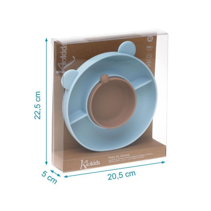 KioKids Plato de Silicona con 3 Compartimentos y Ventosa, Diseño Oso Azul para Bebés +6 Meses, Baby Led Weaning (BLW), Apto para Microondas y Lavavajillas