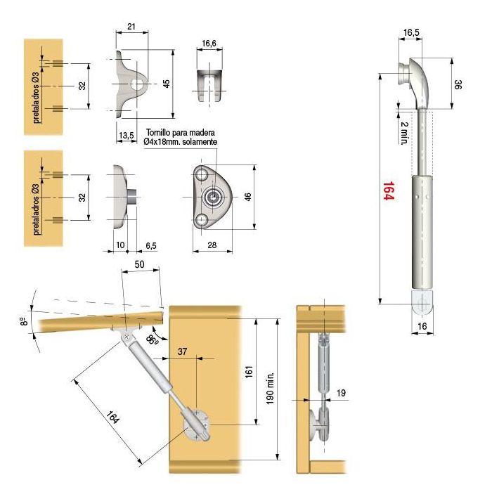 Italiana Ferramenta Pistón de Gas Compact Ascendente para Puertas de Mueble, con Soportes y Mecanismo Suave, 164mm, 80N 1 Italiana Ferramenta Pistón de Gas Compact Ascendente para Puertas de Mueble, con Soportes y Mecanismo Suave, 164mm, 80N 1