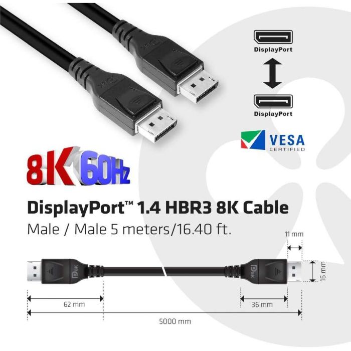 Club3D Cable DisplayPort 1.4 HBR3 8K60Hz Macho/Macho 5m - Soporta 32.4Gb/s, 7680x4320, 3D y HDCP 2 Club3D Cable DisplayPort 1.4 HBR3 8K60Hz Macho/Macho 5m - Soporta 32.4Gb/s, 7680x4320, 3D y HDCP 2