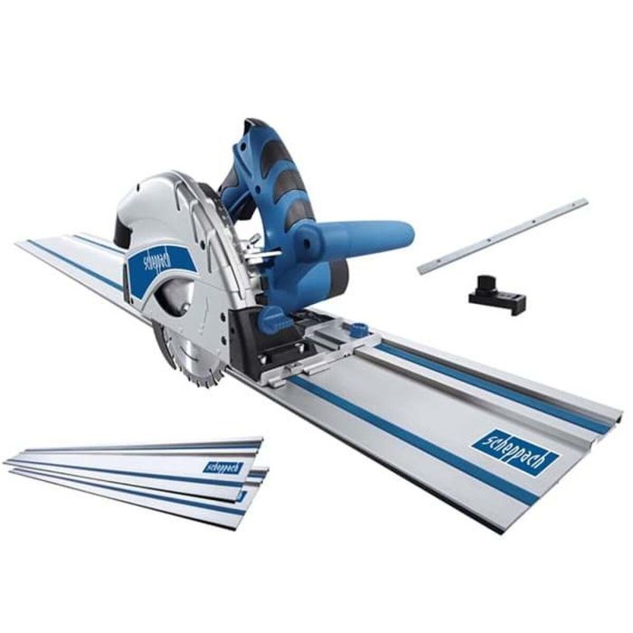 Scheppach PL55 Sierra de Inmersión 1200W, altura de corte 55mm, disco Ø160mm 24 dientes, incluye 2 rieles 700mm, conector y antivuelco 18