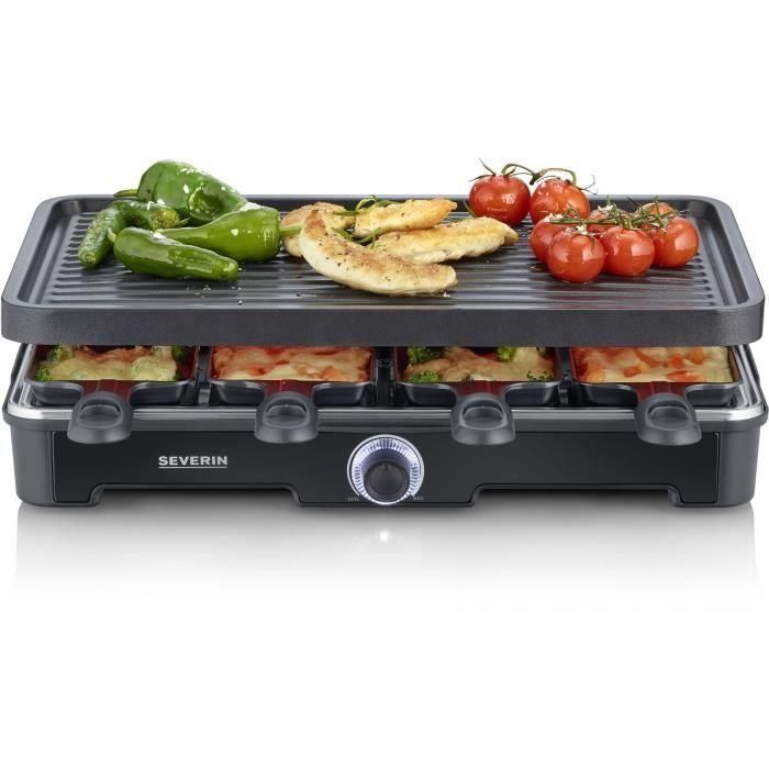 Raclette - SEVERIN - RG9670 - 8 personas - Placa de cocción antiadherente grande 41,7 x 26,3 cm - 1400 W - Negra