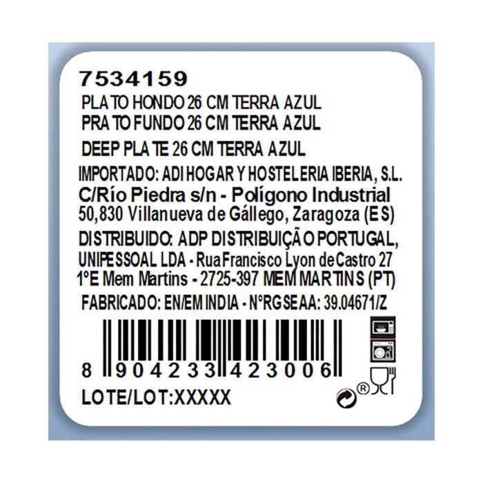 Plato Hondo Porcelana Terra Ariane 26 cm (6 Unidades)