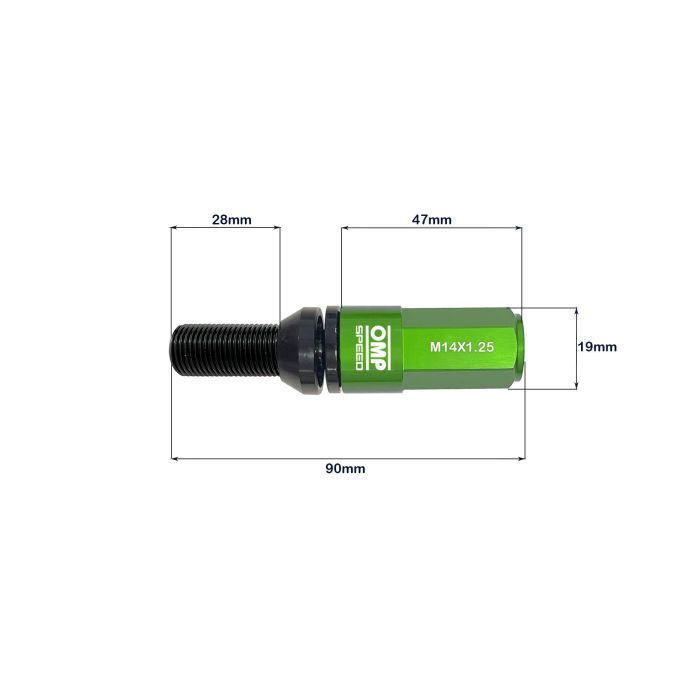 Omp OMPS09971408 Juego 20 Tornillos Rueda Aluminio Negro Protector Verde M14x1.25 Llave 17-19 Largo 28mm 1