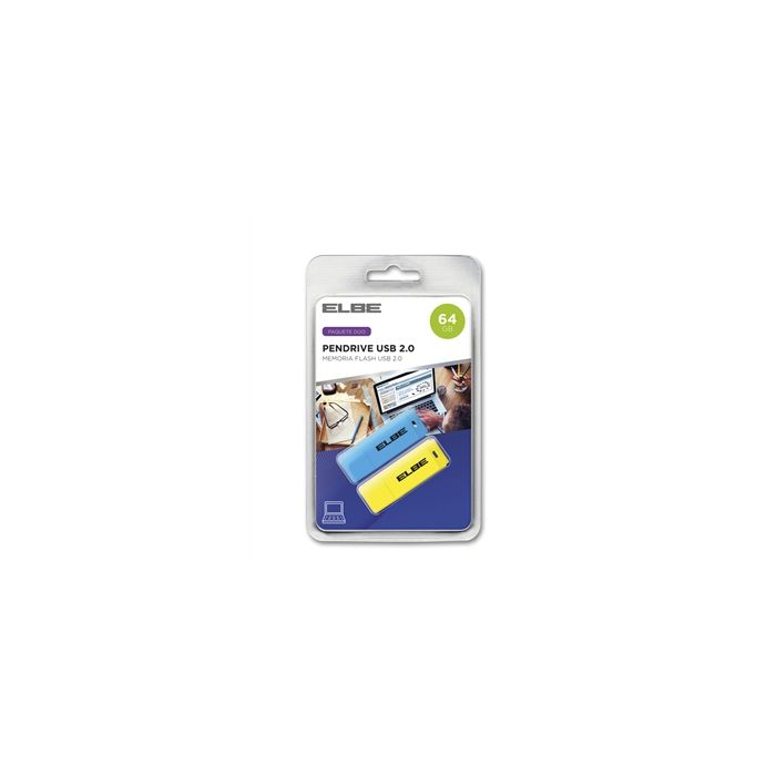 Pack De 2Ud. Pendrive 64Gb Usb2.0 Azul-Amarillo ELBE USB-264