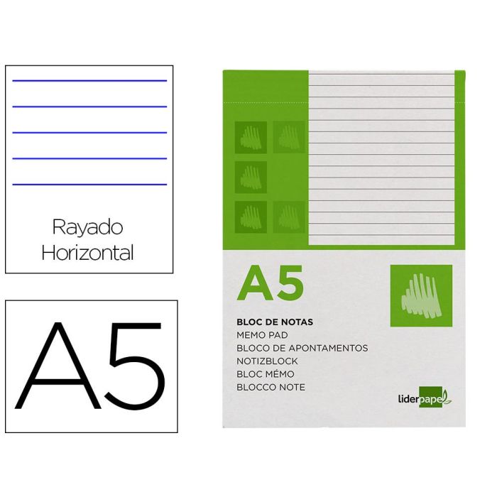 Bloc Notas Liderpapel Horizontal A5 80 Hojas 60 gr-M2 Perforado 6 unidades